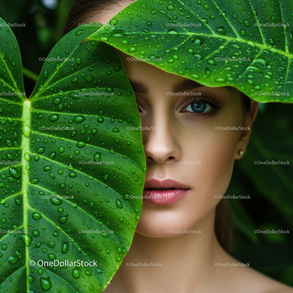 Close-up of a Woman Surrounded by Green Tropical Foliage with Dew Drops