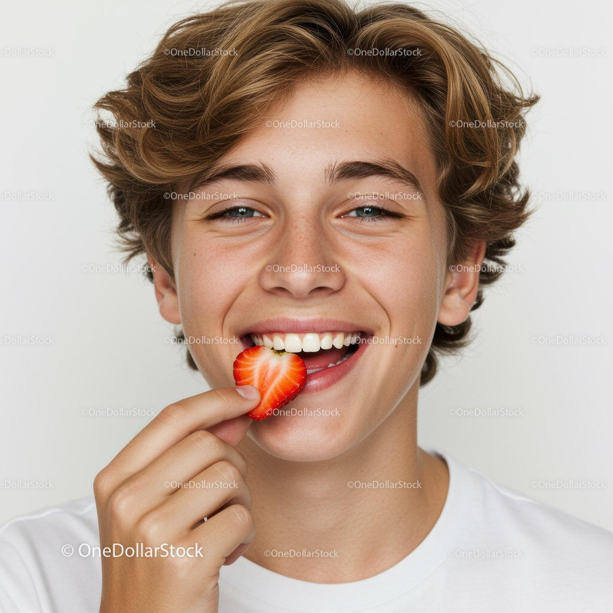 Joyful Teen Boy Smiling with Strawberry Close-up