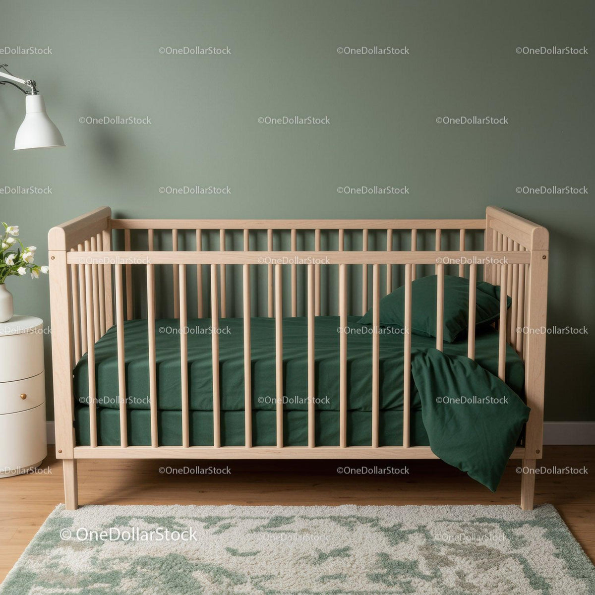 Modern Wooden Baby Crib in Cozy Green Nursery Room