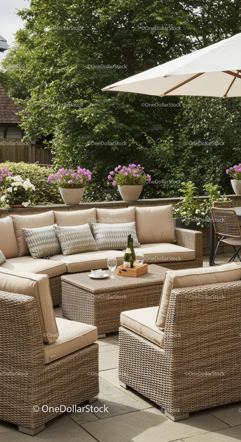Elegant Outdoor Patio Lounge with Rattan Furniture and Beautiful Plants
