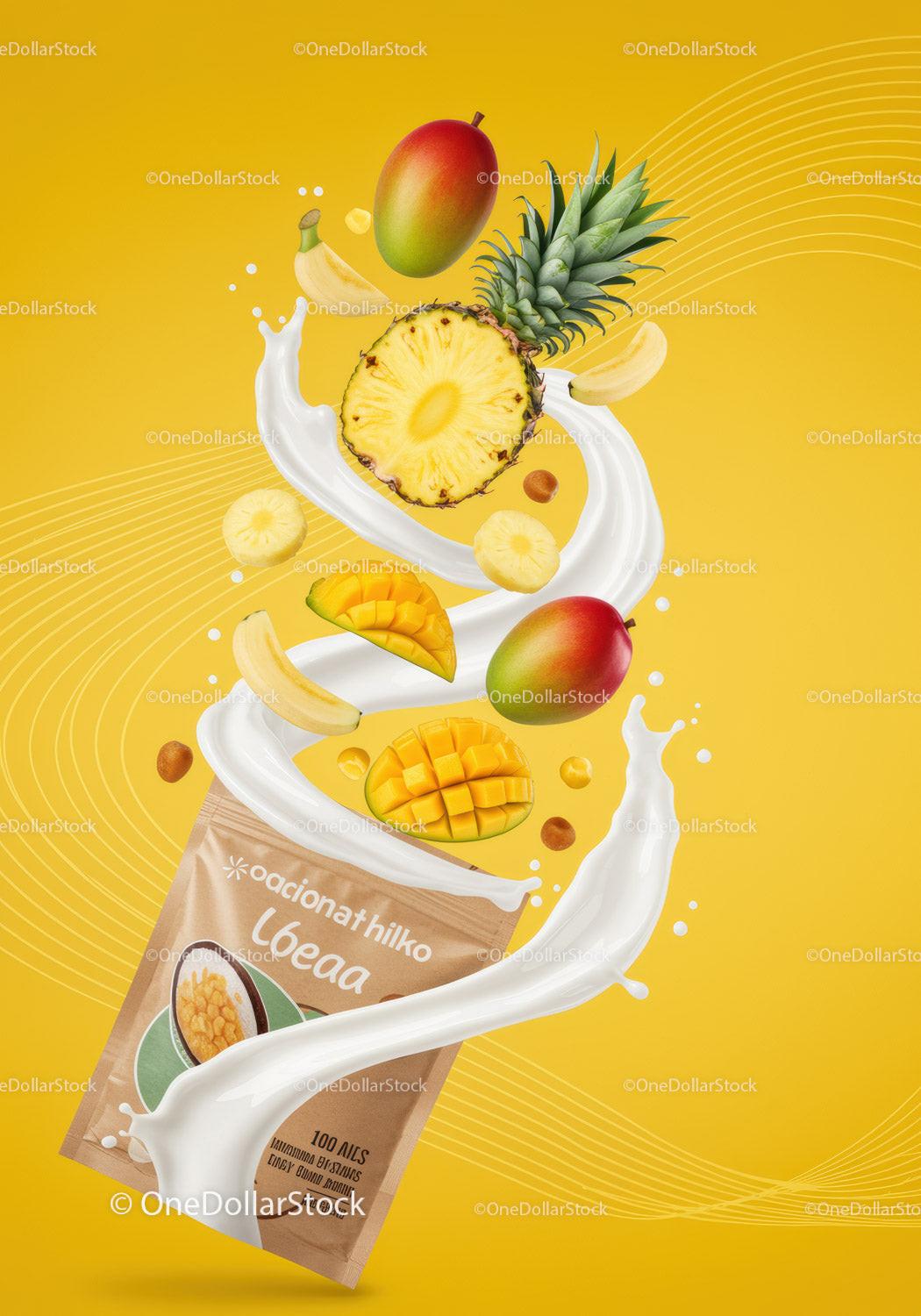 Tropical fruits and milk splash with cereal packaging