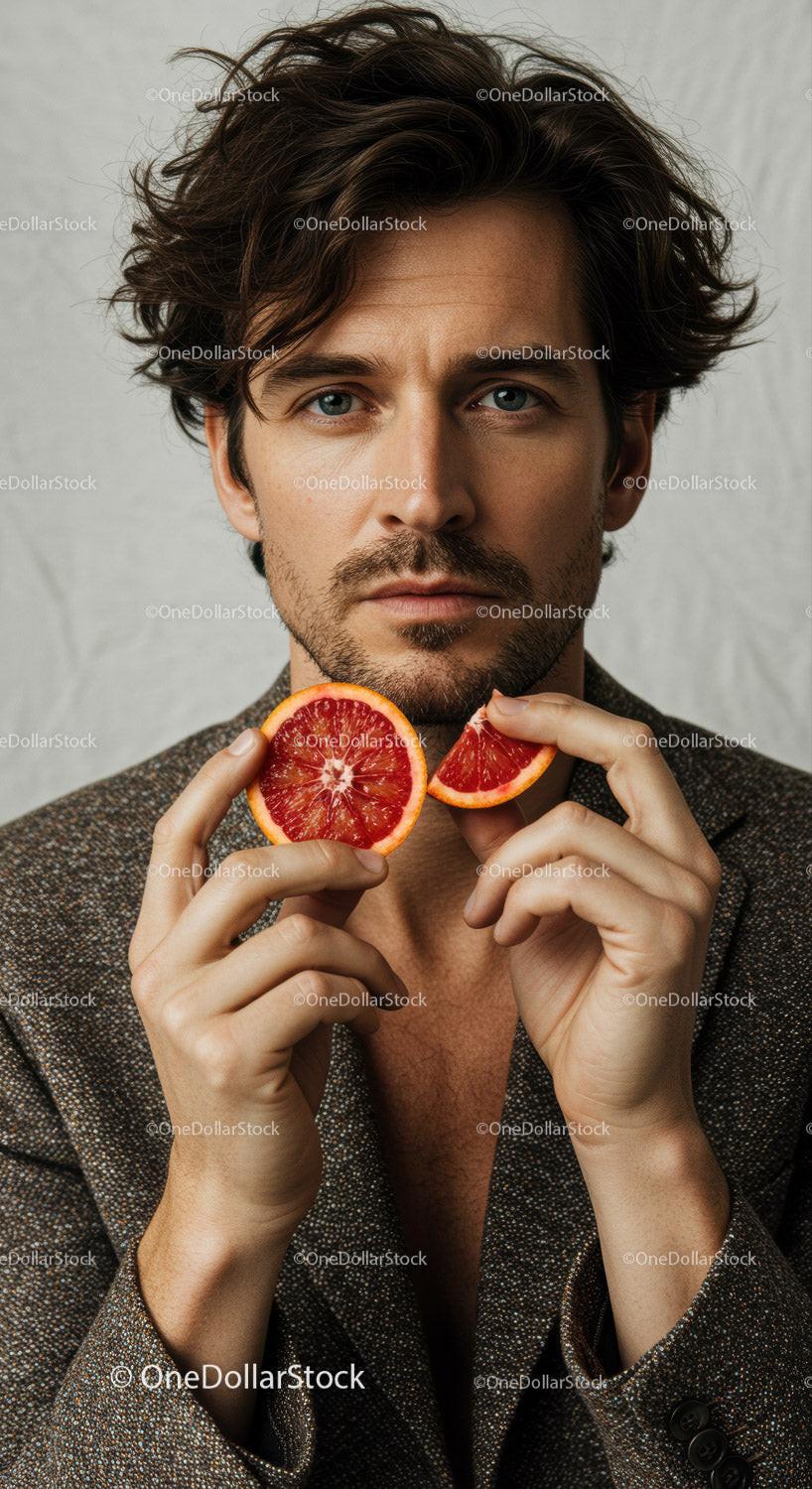 Elegant Portrait of a Man with Citrus Fruit in a Modern Studio Setting