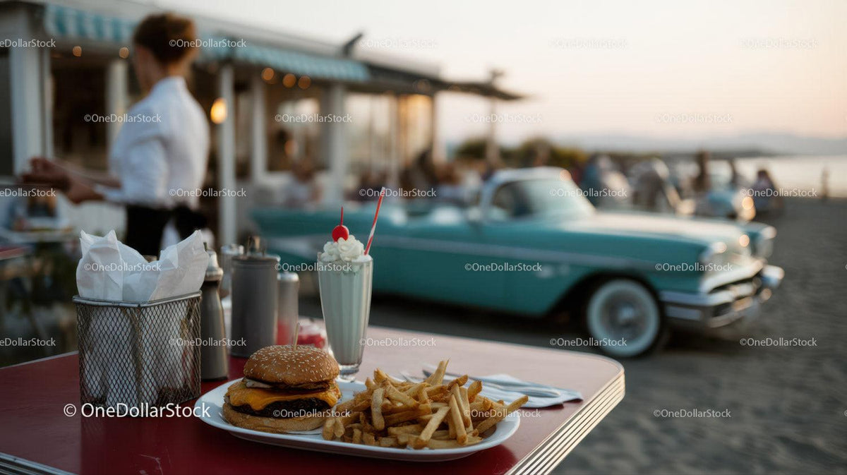 Beachside Cheeseburger French Fries and Milkshake with Classic Car Stock Photo Bundle preview 55