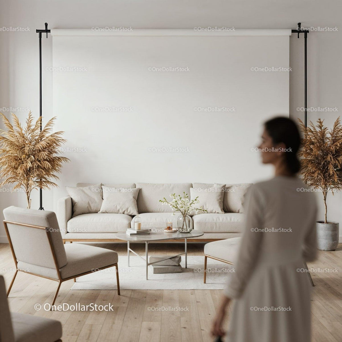 Cozy beige living room with modern furniture and plants JPG Mockup Image preview
