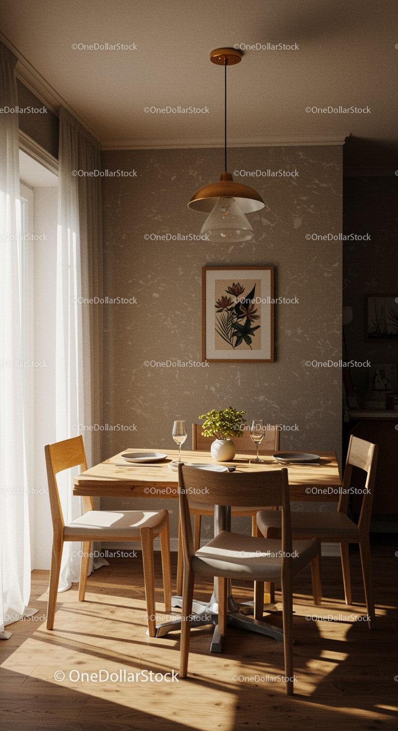 Cozy Dining Room with Wooden Table and Pendant Light