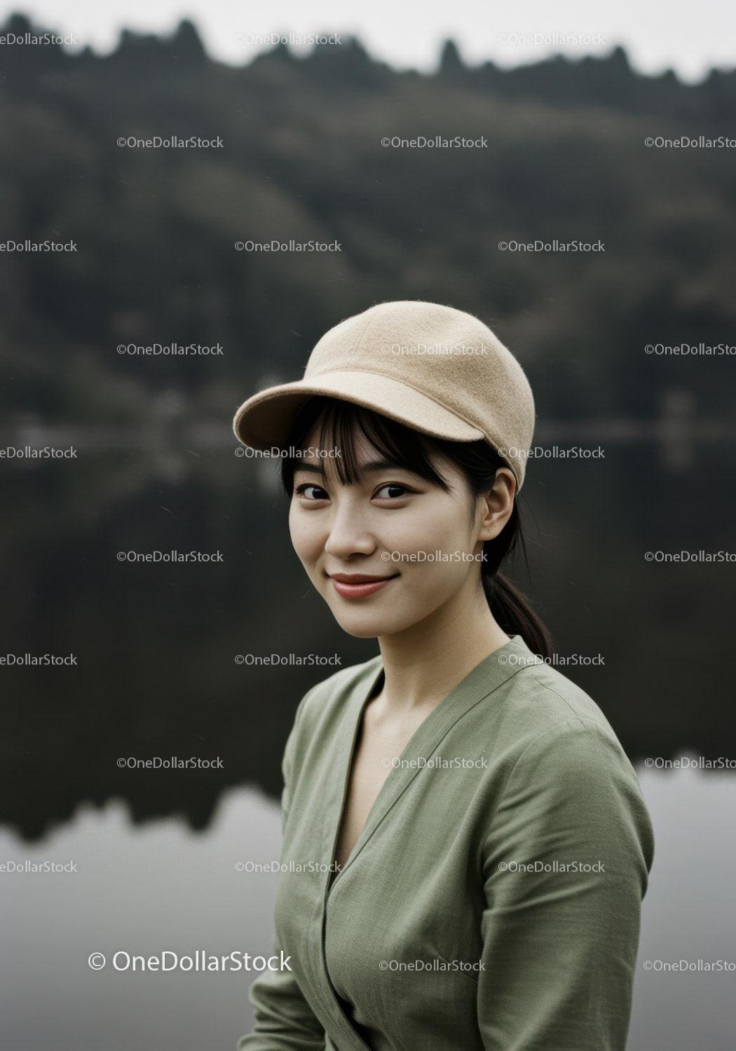 Young Woman in Green Dress Wearing Beige Cap Near Lake Landscape Stock Photo Bundle preview 19