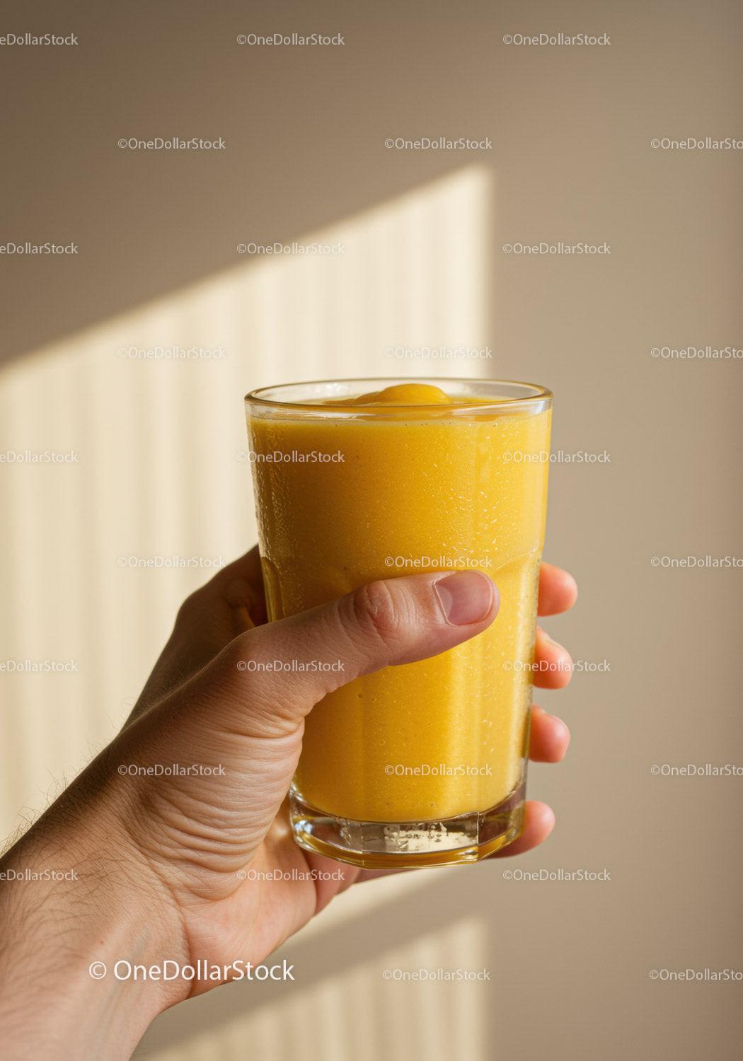 Hand holding a glass of fresh mango smoothie