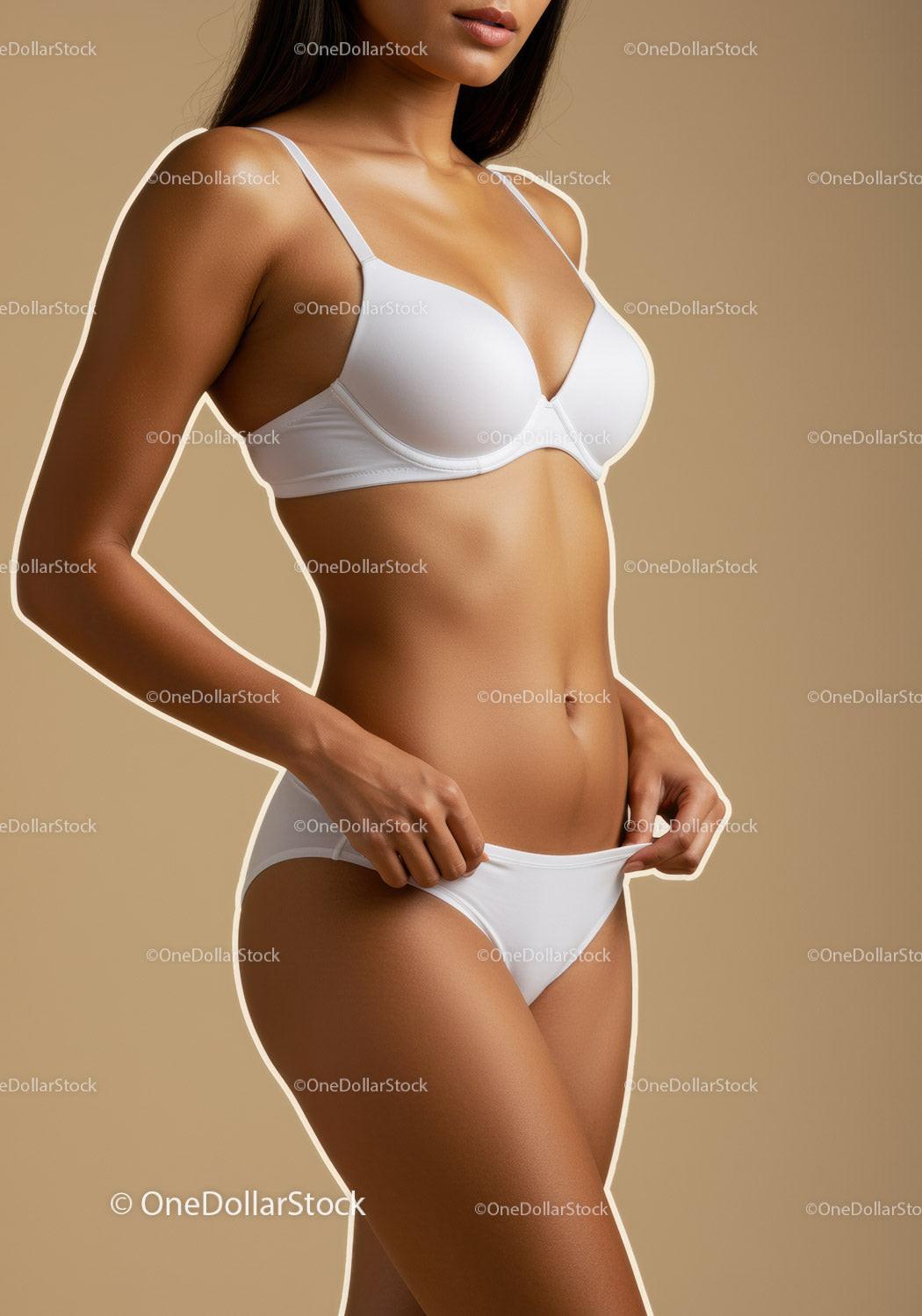 Elegant Woman in White Lingerie with Toned Body on Beige Background