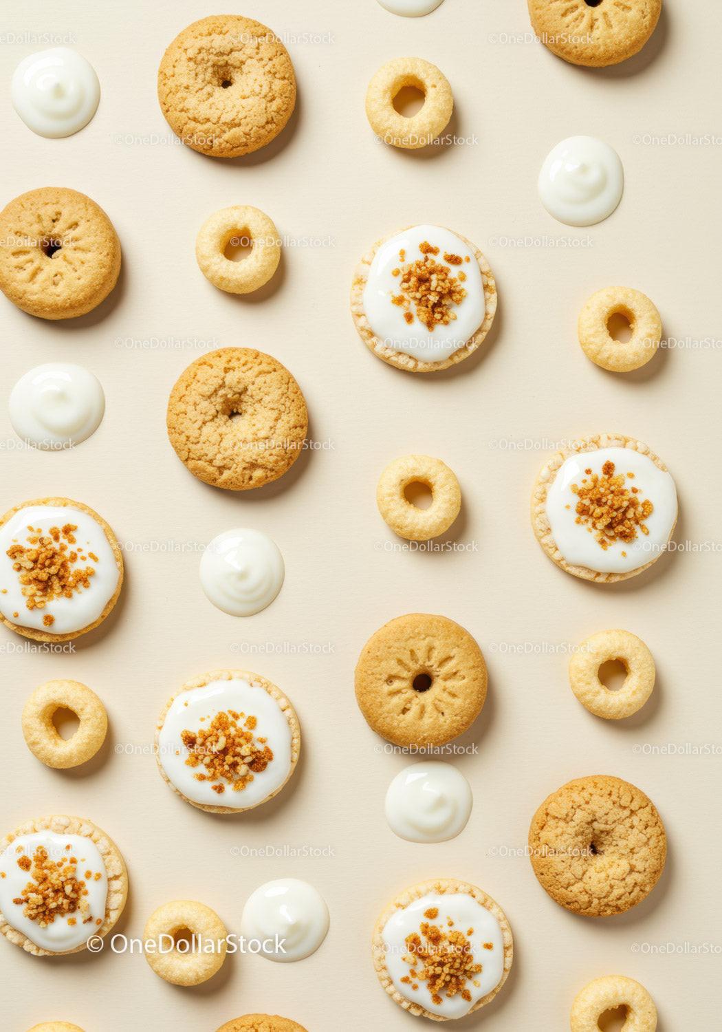 Assorted round cookies with white icing on beige background