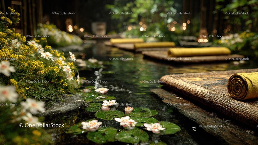 Japanese Garden Pond with Lily Pads and Wooden Bridge