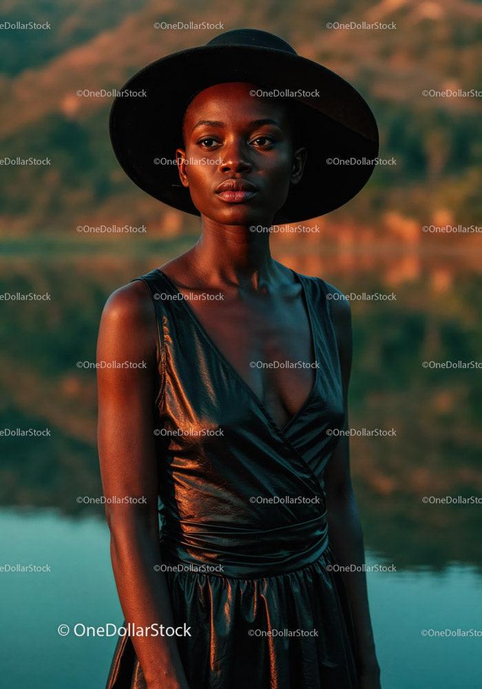 Elegant Portrait of a Woman with a Wide-Brim Hat by Lake During Sunset