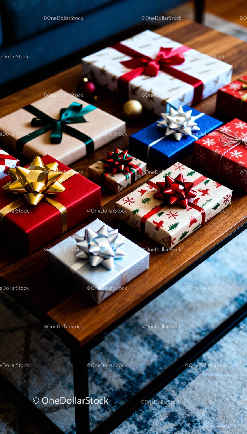 Selection of Colorful Wrapped Christmas Presents on Table
