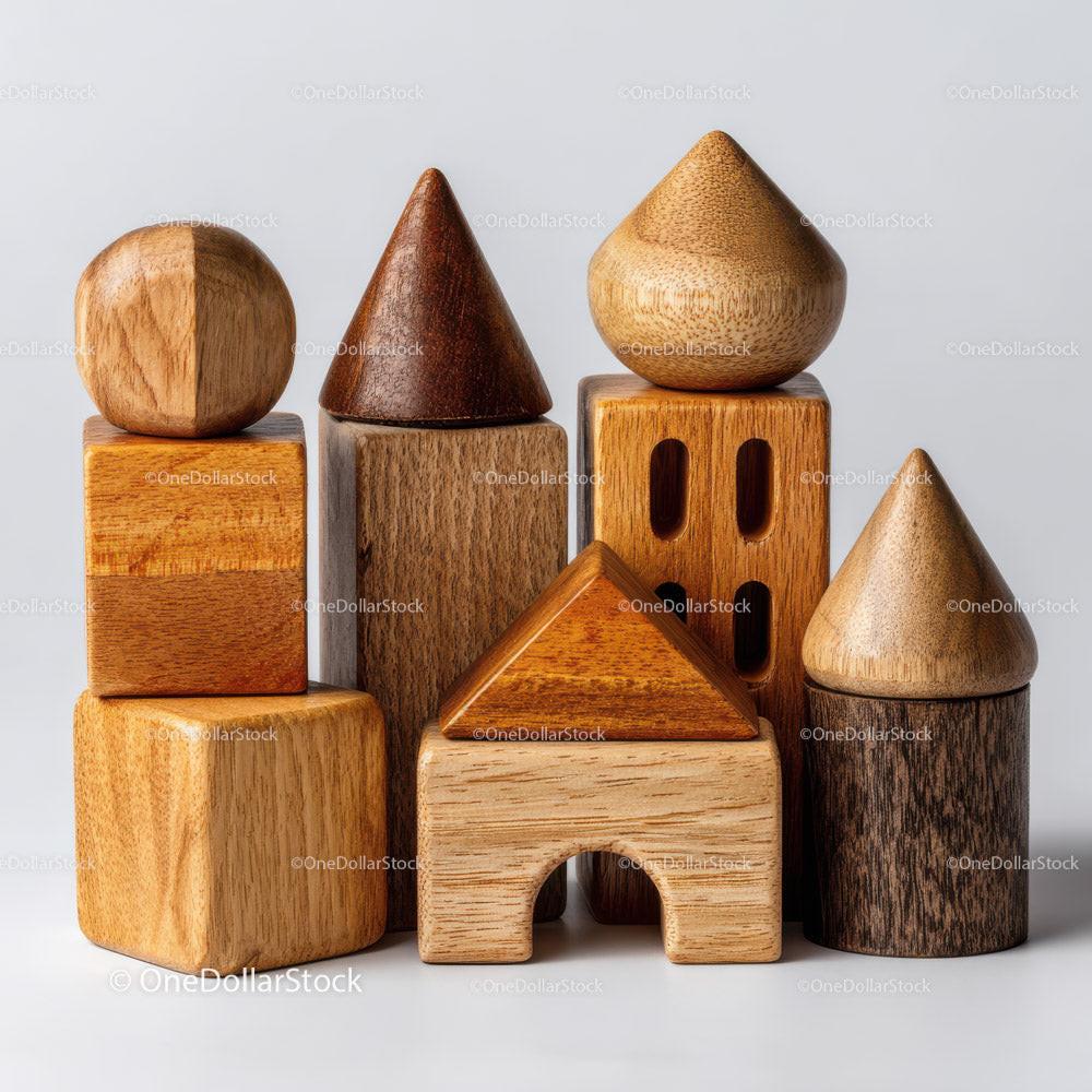 Wooden geometric building blocks including cubes, cones, cylinders, and an arch with natural wood finish