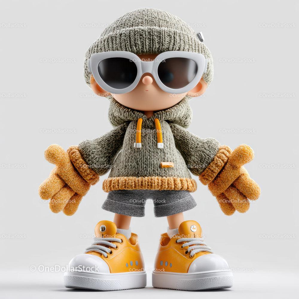 Toy figure wearing beige knit hat, white sunglasses, gray shorts, and orange shoes