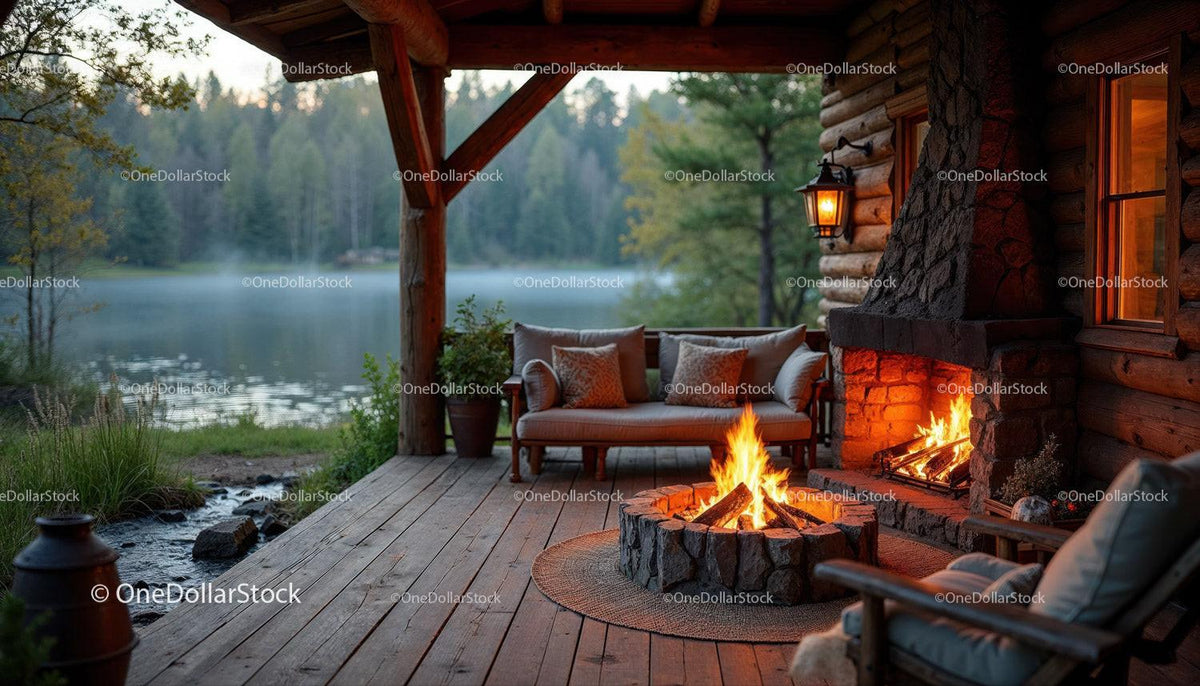 Rustic Cabin Porch with Firepit and Scenic River View Stock Photo Bundle preview 10