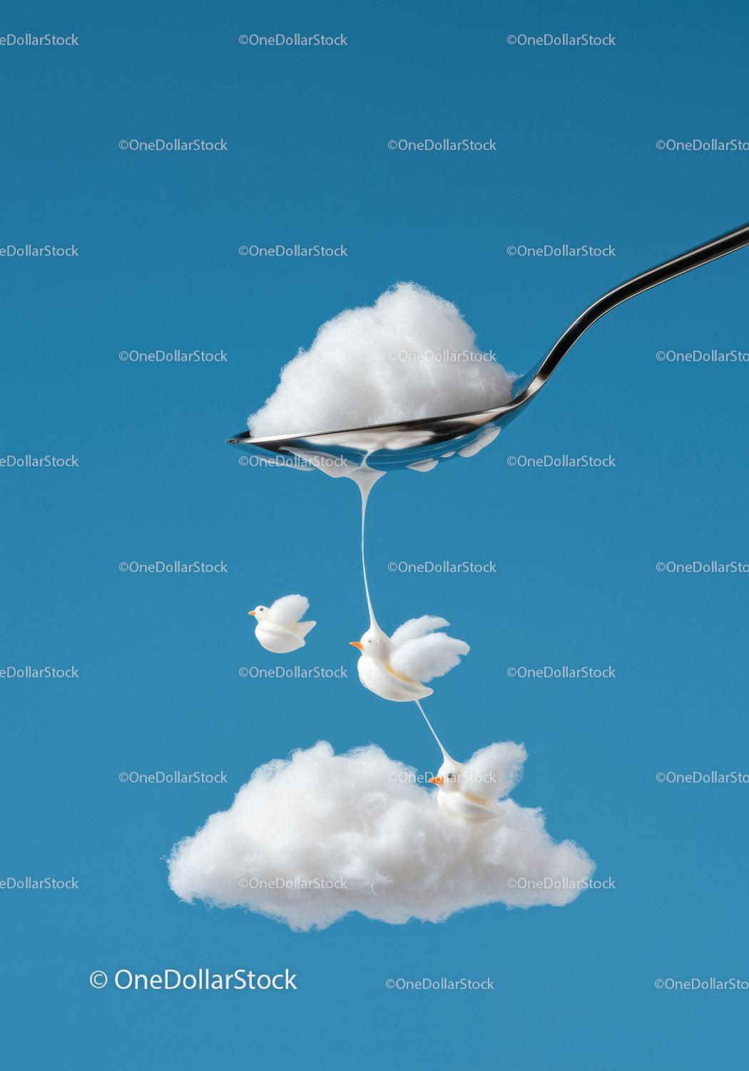 Creative spoon pouring cotton birds onto fluffy cloud