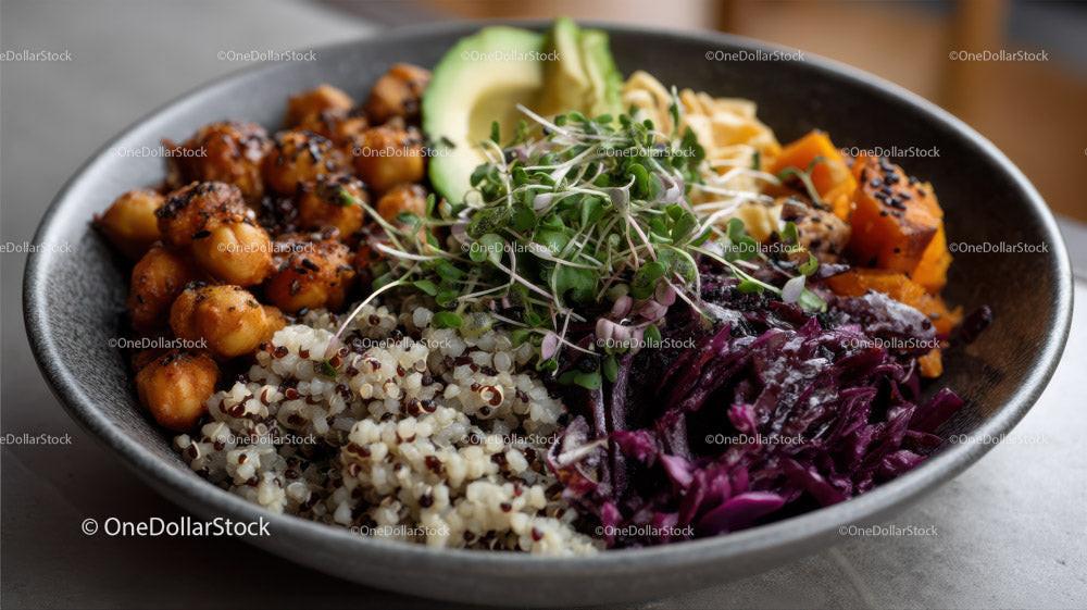 Colorful Vegan Bowls with Chickpeas Sweet Potatoes Red Cabbage and Quinoa Stock Photo Bundle preview 8