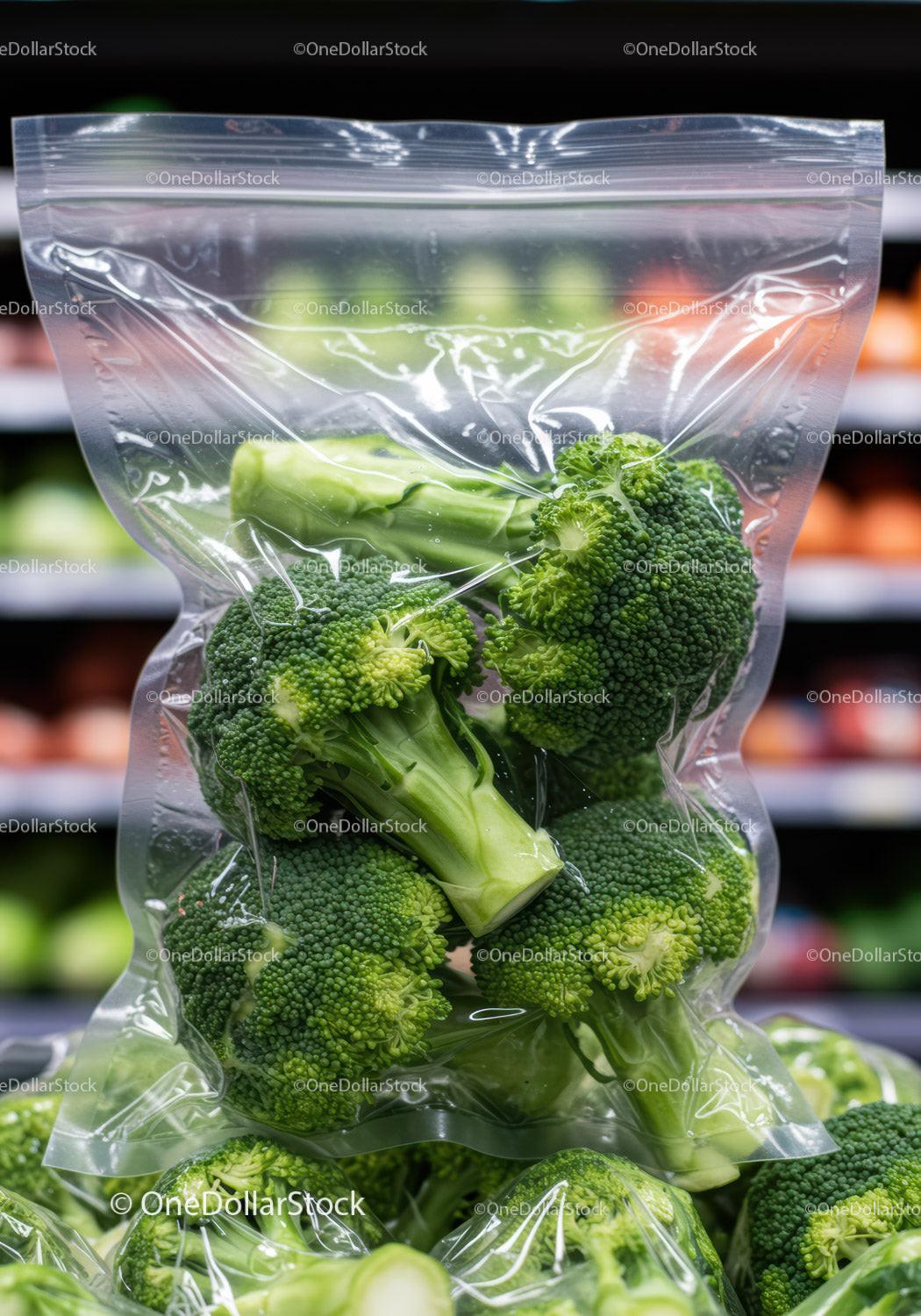 Fresh broccoli florets packed in clear resealable bag