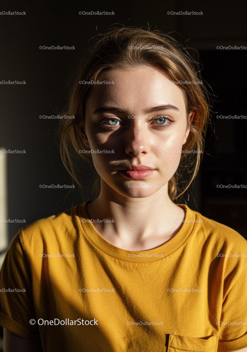 Close-up of Confident Young Woman with Blue Eyes in Yellow T-shirt