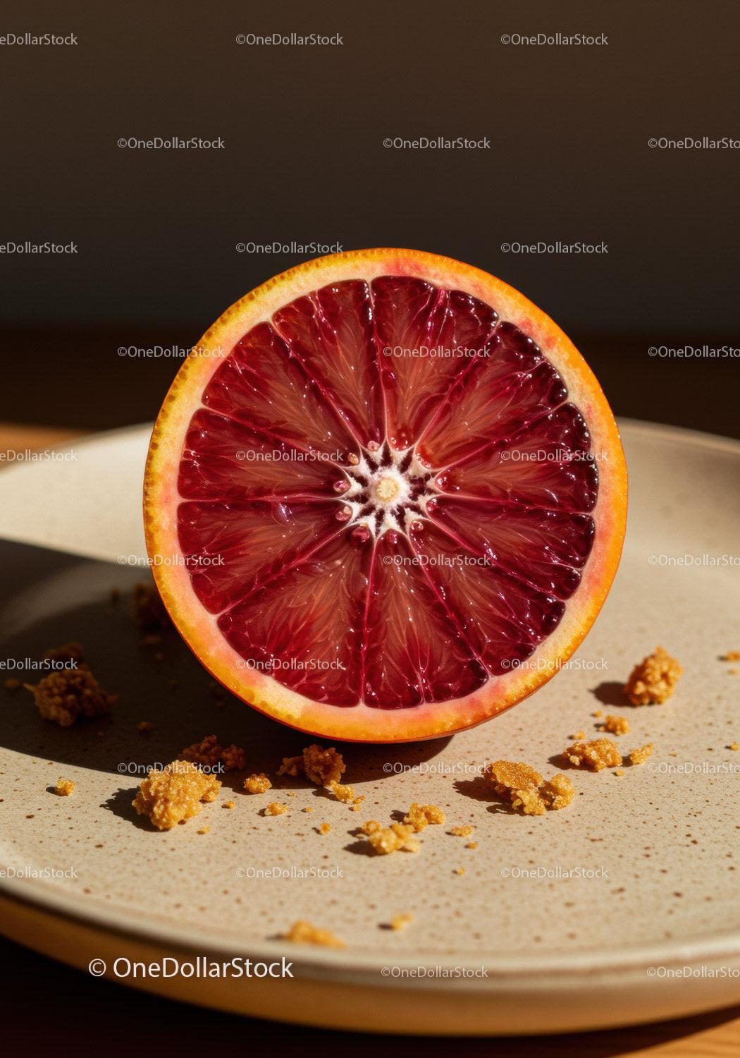 Close up of ripe blood orange half on a ceramic plate