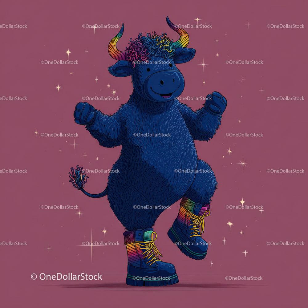 Blue furry bull with curly rainbow horns wearing rainbow lace-up boots on purple starry background