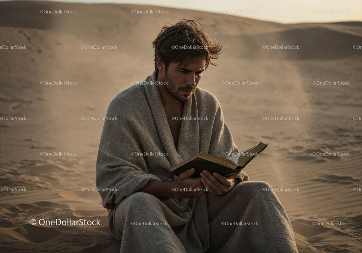 Man in Casual Clothing Reading Book in Desert During Dust Storm Stock Photo Bundle preview 22