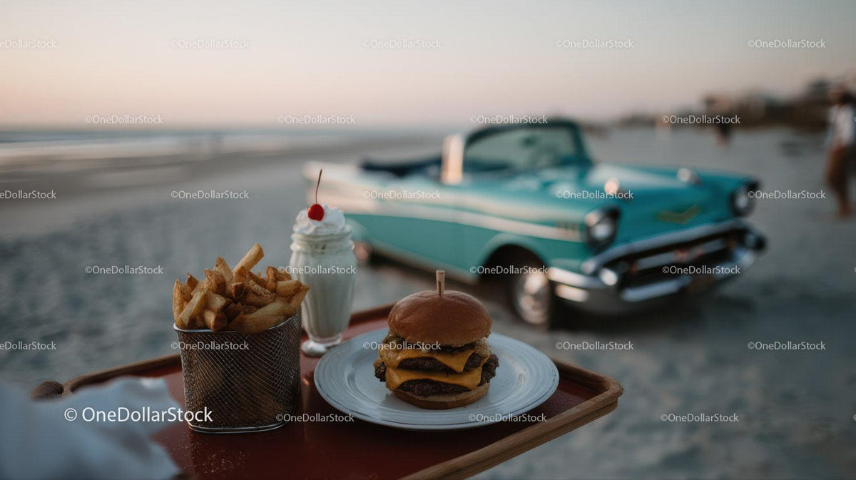 Beachside Cheeseburger French Fries and Milkshake with Classic Car Stock Photo Bundle preview