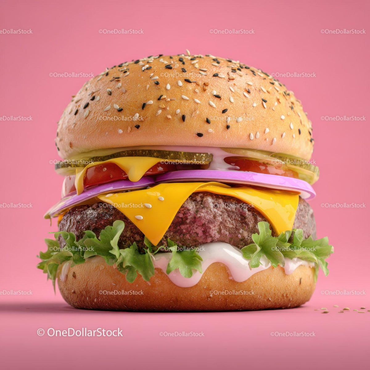 Juicy Cheeseburger with Melty Cheese and Fresh Vegetables on Pink Background Stock Photo Bundle preview 10