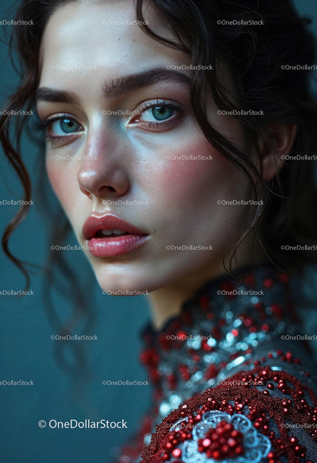 Elegant Young Woman with Blue Eyes in Red Embroidered Dress Stock Photo Bundle preview 8