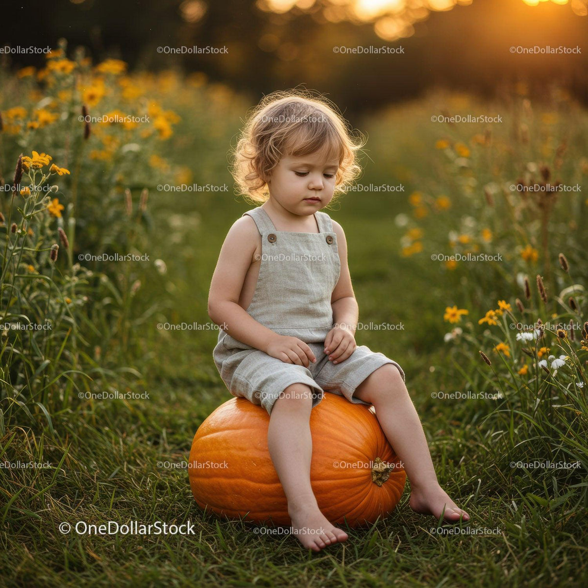 Toddler Sitting Thoughtfully on Large Pumpkin Outdoors