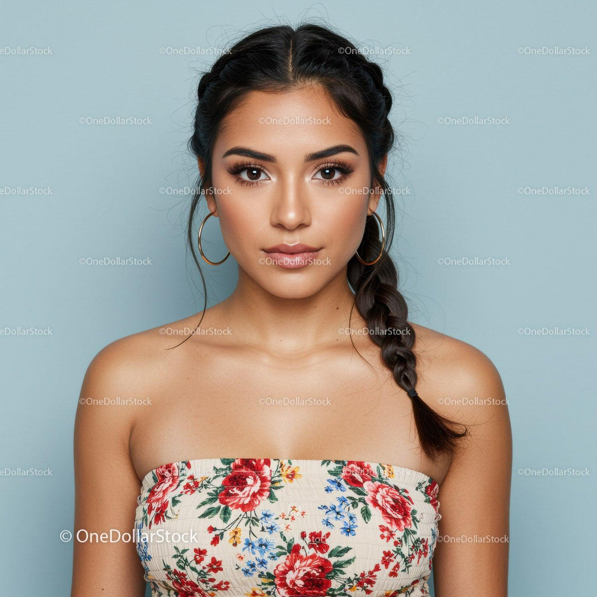 Portrait of a Young Woman with Braid Hairstyle Wearing Floral Top