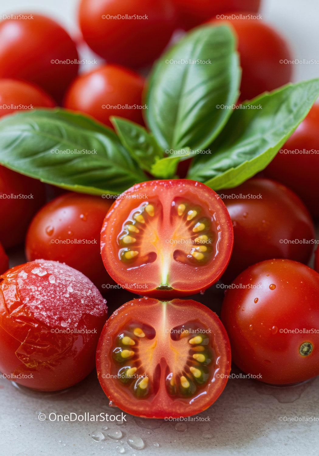 Fresh cherry tomatoes with basil leaves close up
