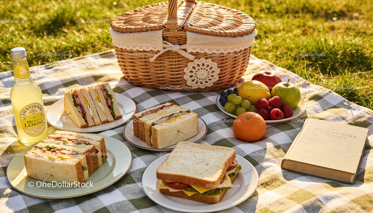 Fresh Sandwiches and Fruit Picnic on Checkered Blanket