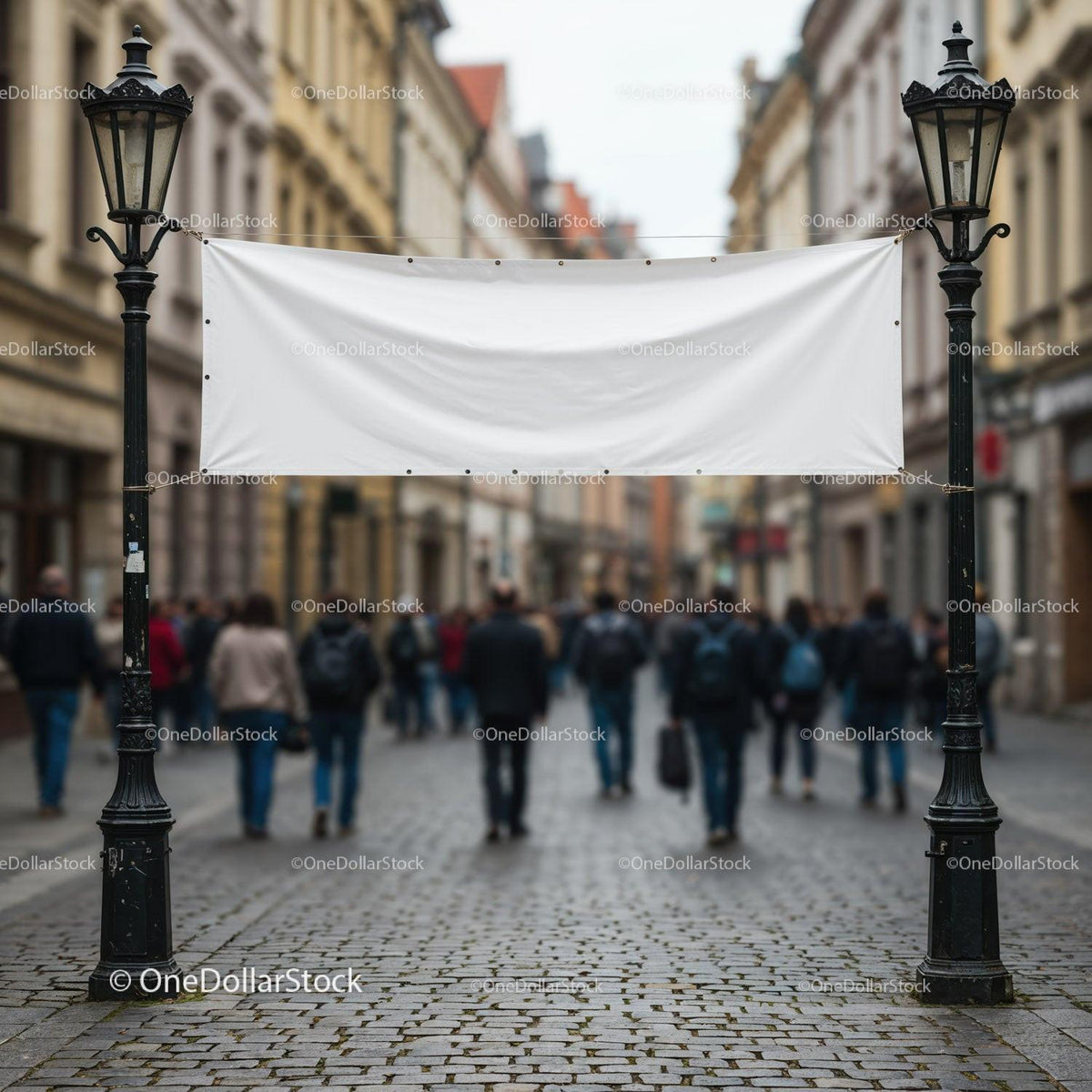 Blank banner hanging between vintage street lamps in city JPG Mockup Image preview