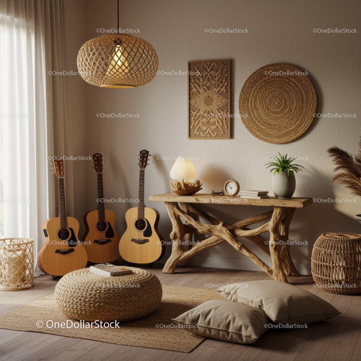 Cozy bohemian living space with acoustic guitars and natural decor