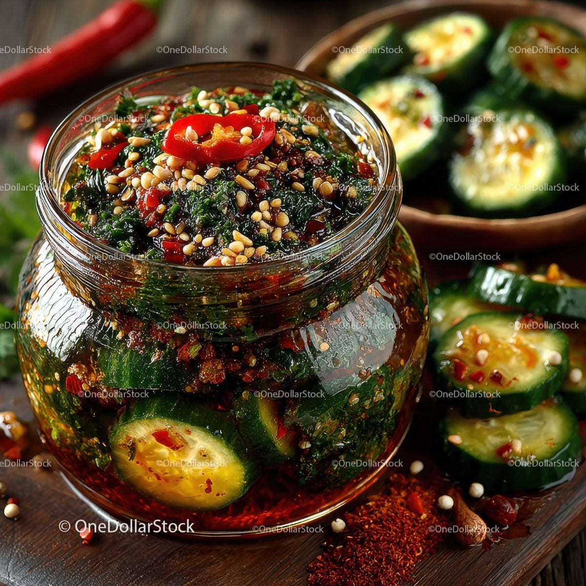 Vibrant Spicy Cucumber Kimchi in Glass Jar with Fresh Vegetables Stock Photo Bundle creative preview 4