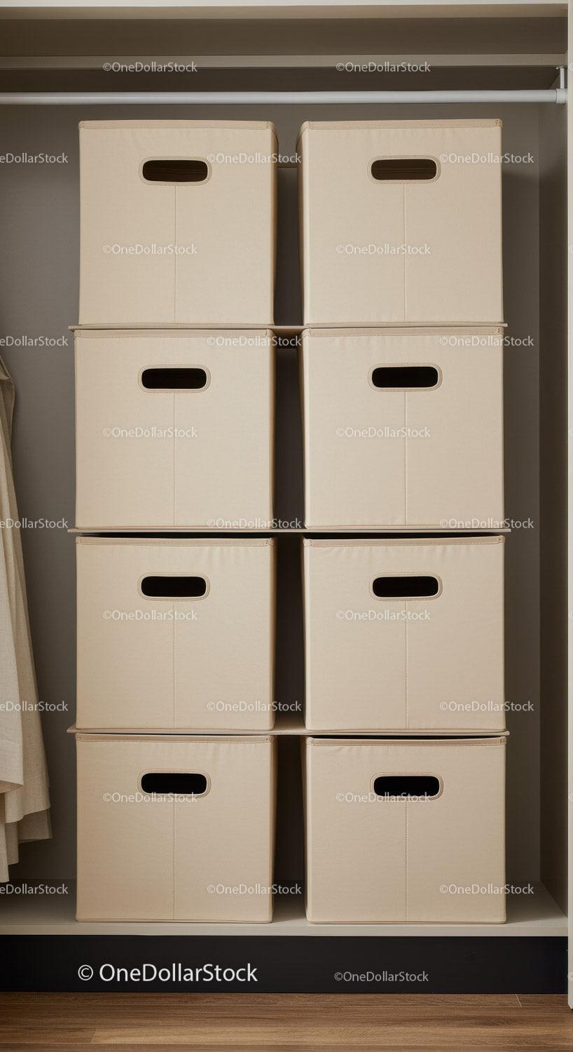 Stacked Beige Storage Boxes in Closet for Home Organization