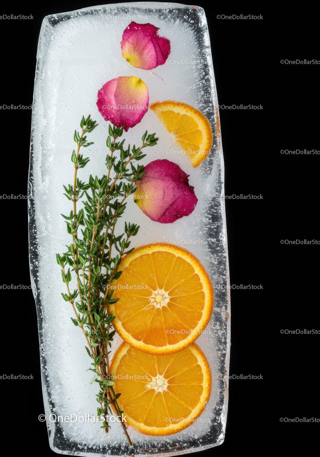 Frozen citrus and herb arrangement with rose petals