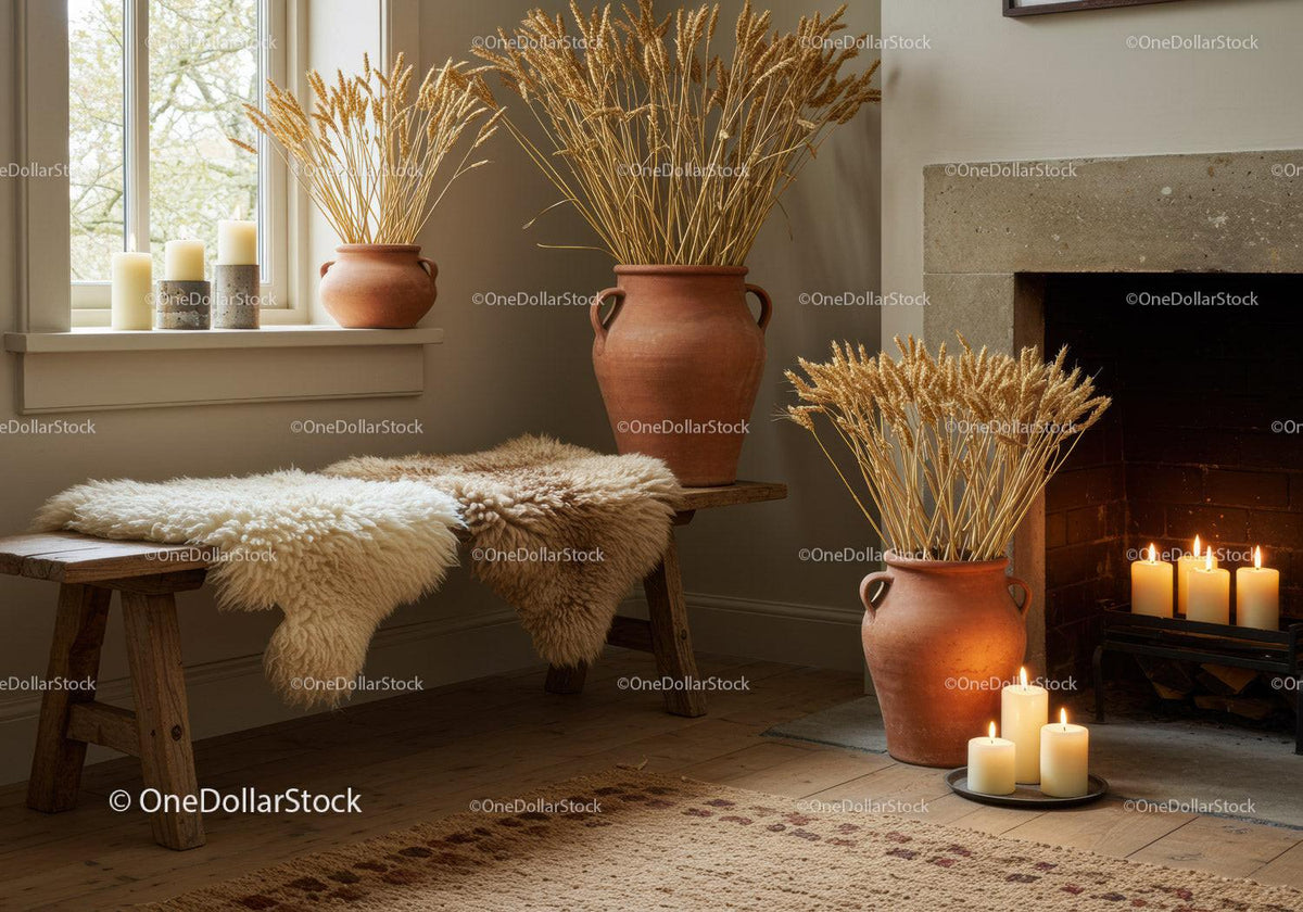 Cozy rustic interior with dried wheat and glowing candles