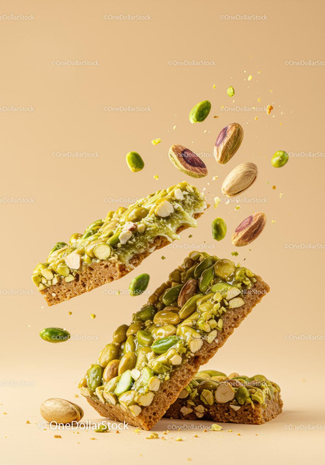 Closeup of sliced pistachio nut bars with falling nuts