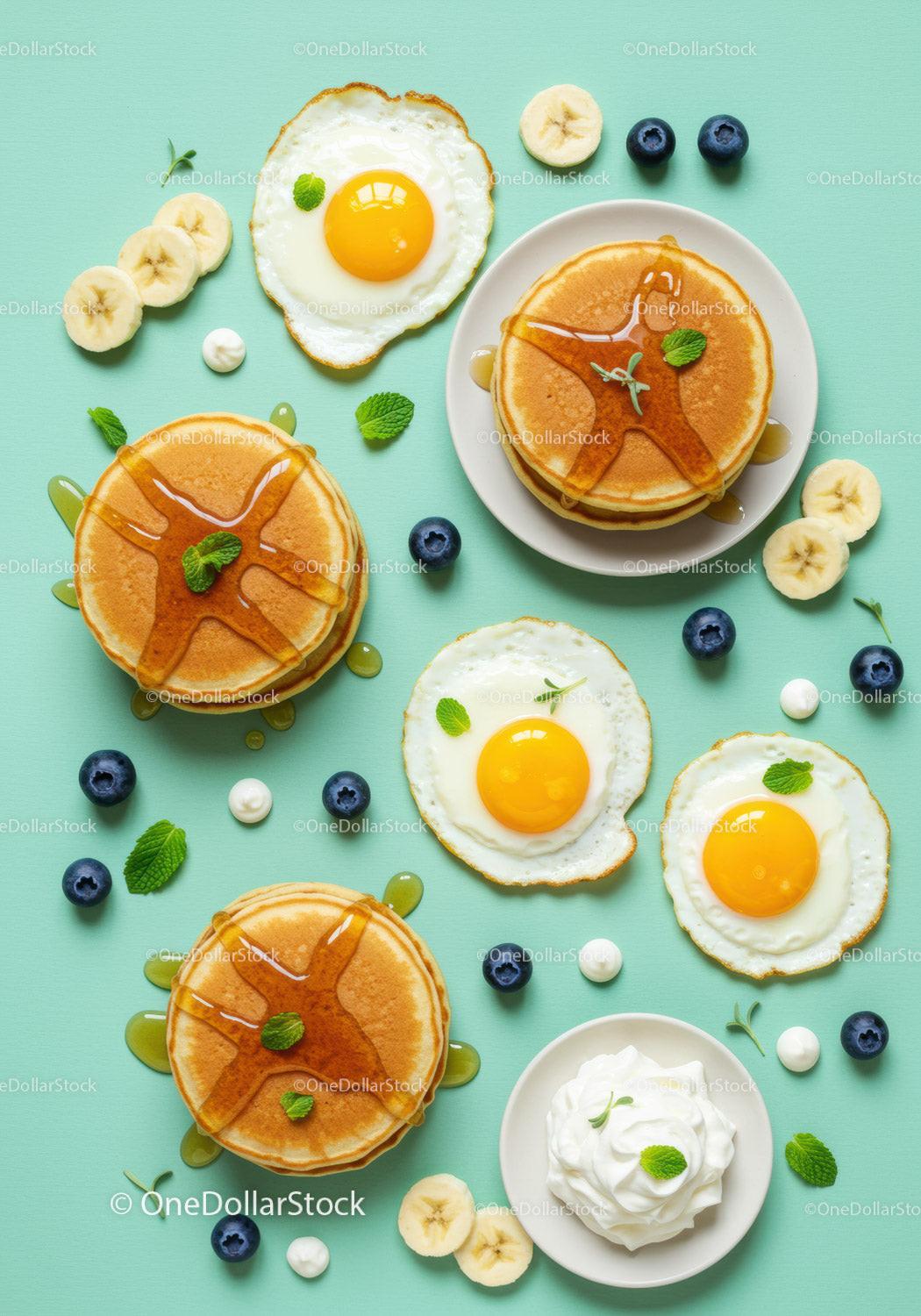 Delicious pancakes topped with syrup and sunny side eggs