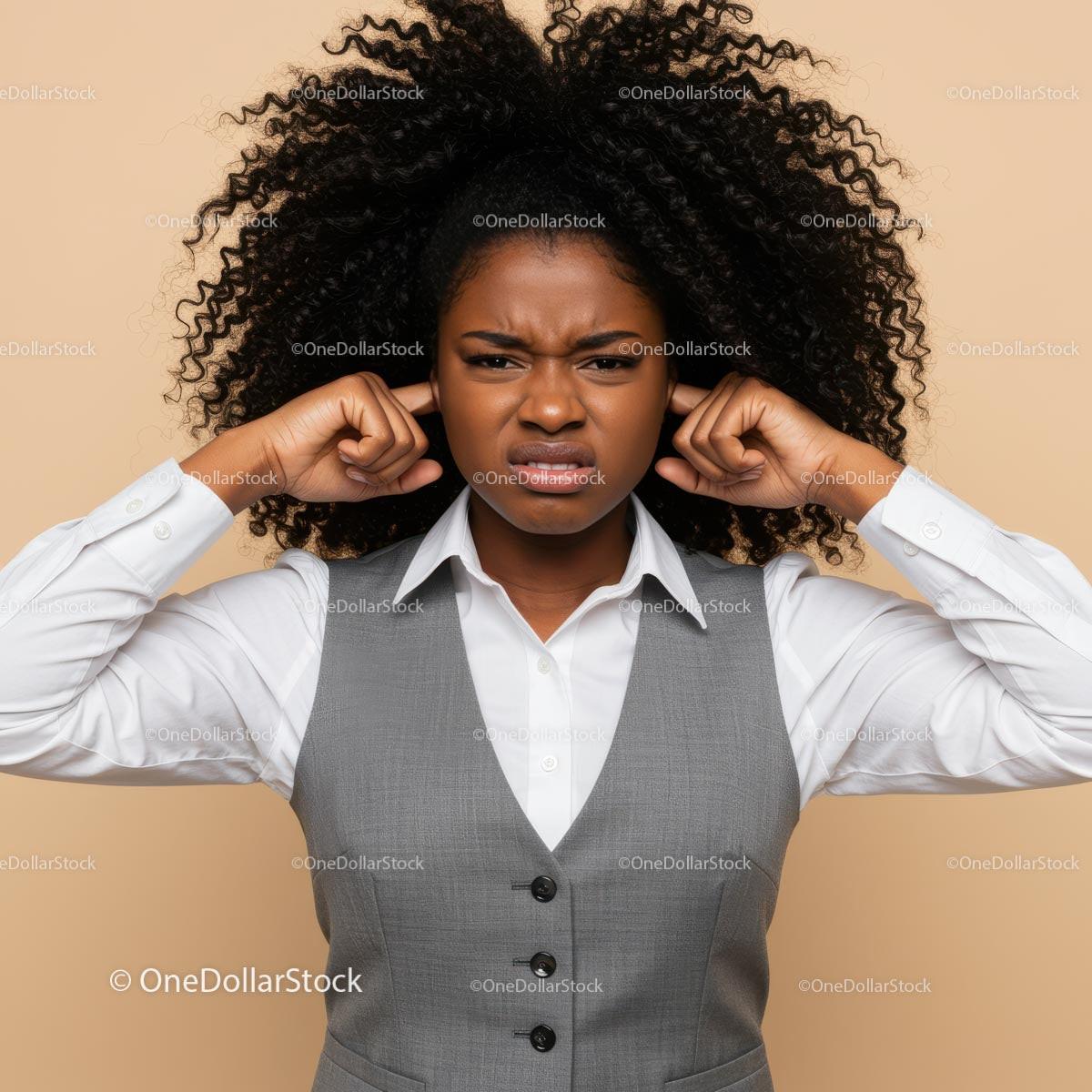 Frustrated Woman Covers Ears Against Noise in Business Attire Stock Photo Bundle preview 51