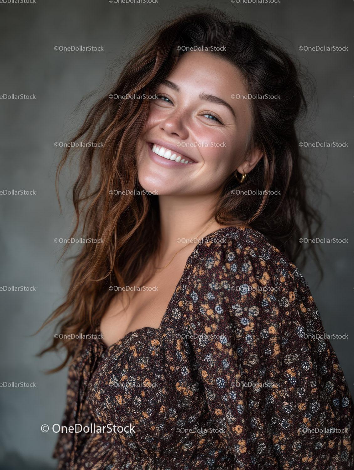 Bright Smiling Woman in Floral Dress with Brown Curly Hair