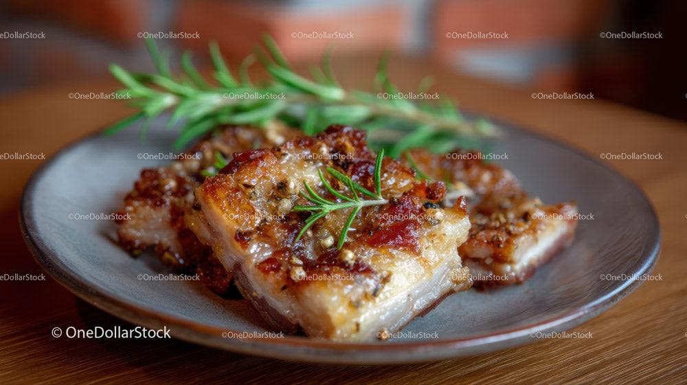 Savory Roasted Meat with Rosemary Garnish on a Rustic Plate
