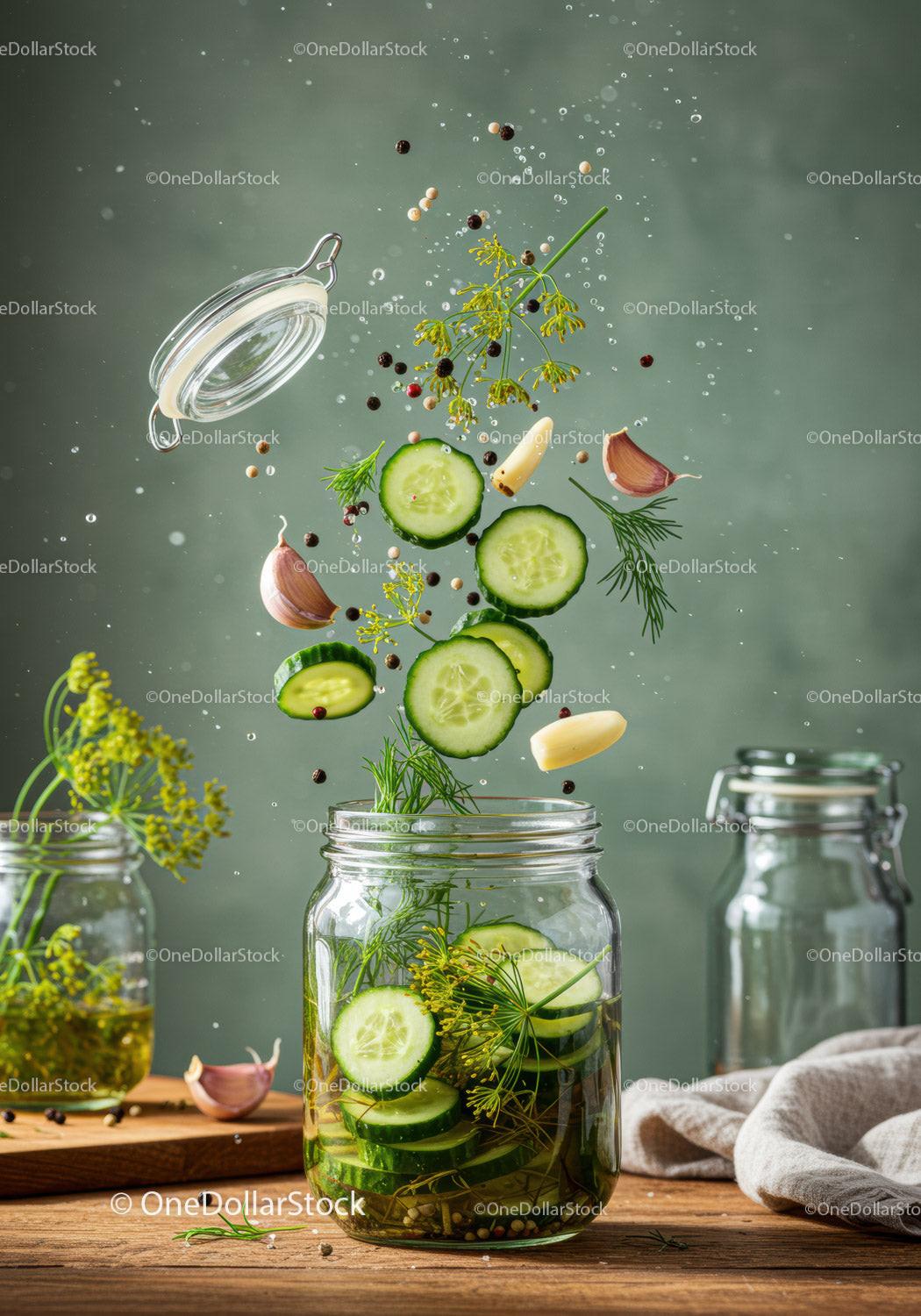 Fresh cucumber pickling ingredients falling into jar