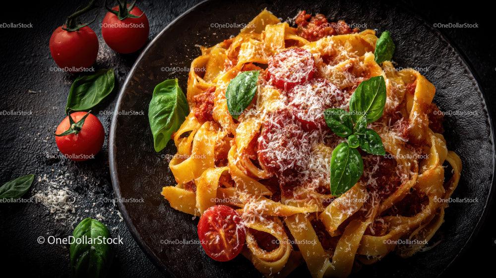 Creamy Fettuccine Pasta with Cherry Tomatoes and Basil Stock Photo Bundle preview 7