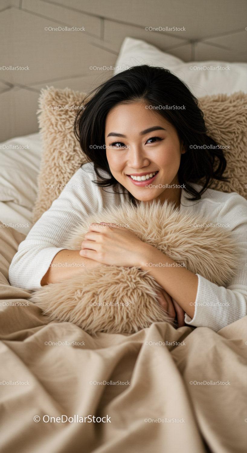 Smiling young woman relaxing with fluffy pillow in bed