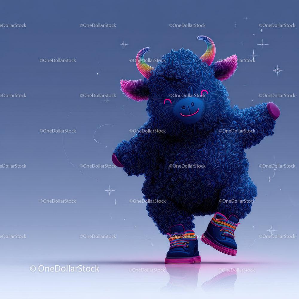 Blue curly plush creature with colorful horns and pink ears wearing sneakers dancing on light blue ground