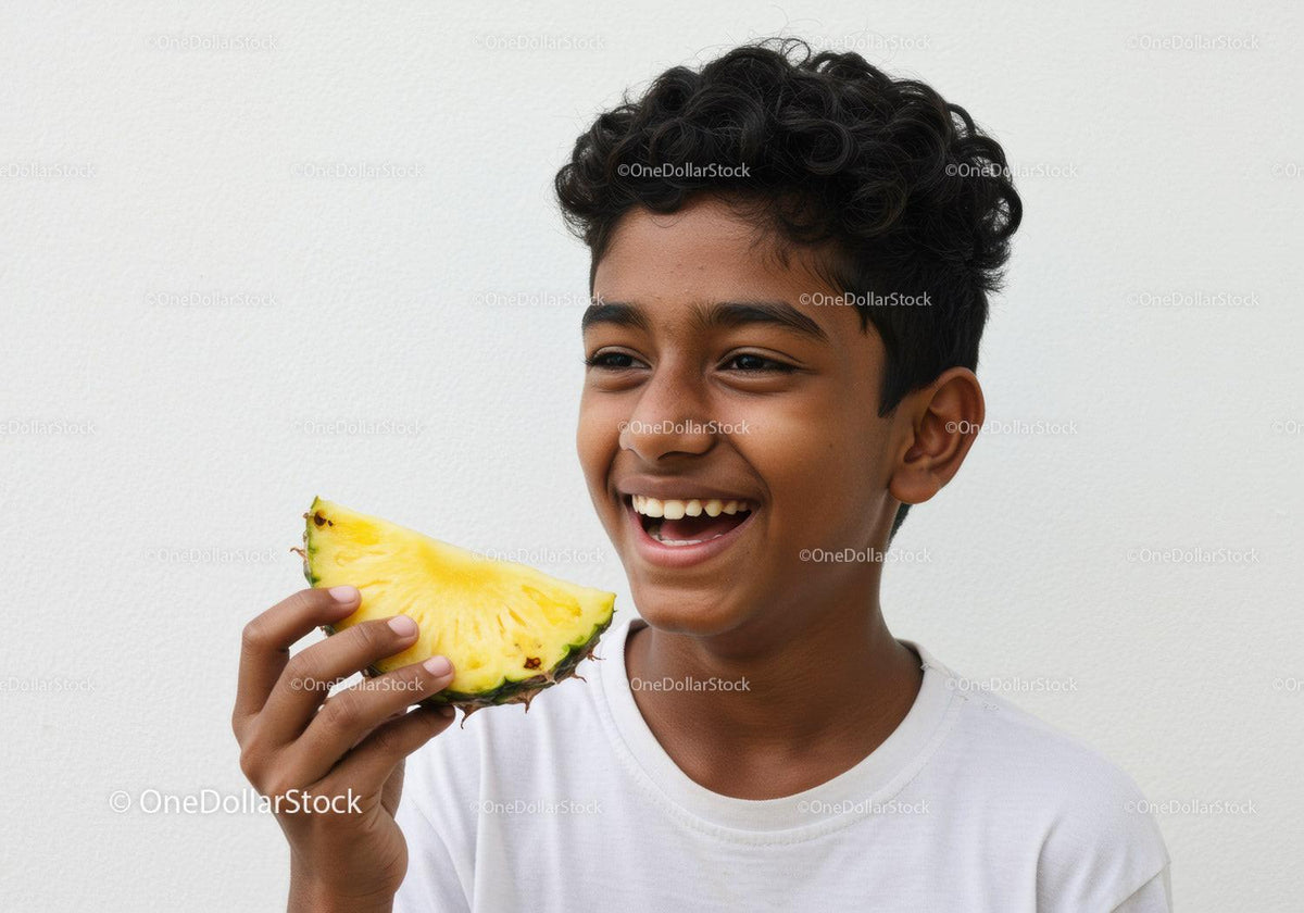 Smiling Boy Holding Pineapple in Bright Summer Setting