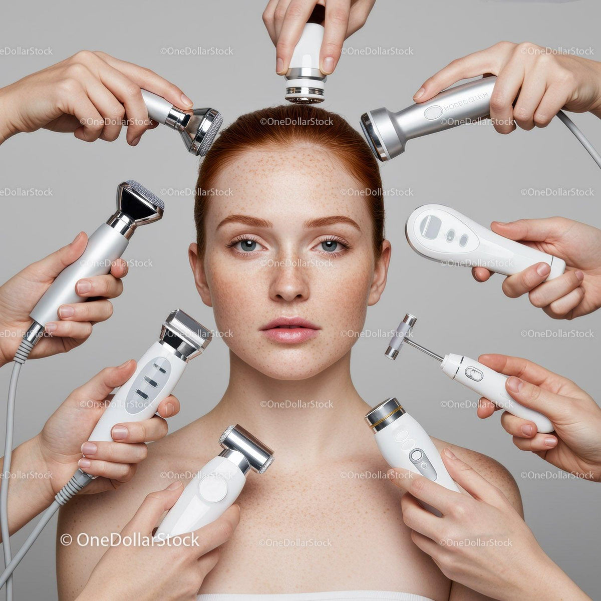 Woman with Freckles Receiving Facial Treatment with Skincare Devices